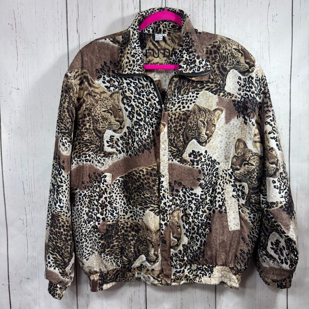 Fuda International Leopard Print 100% Silk Bomber Jacket Size L Vintage Retro